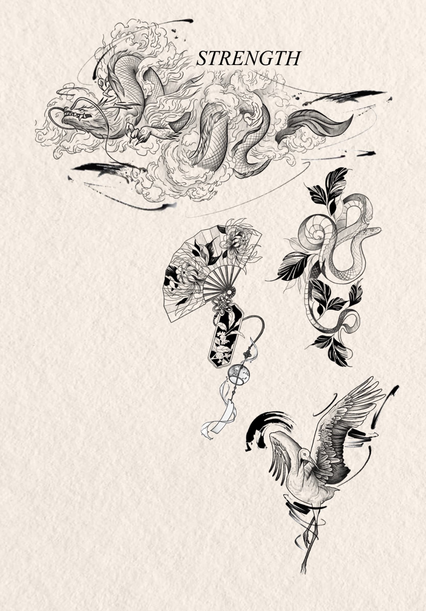 Chinese calligraphy brushstroke inspired dragon, fan, snake, and crane